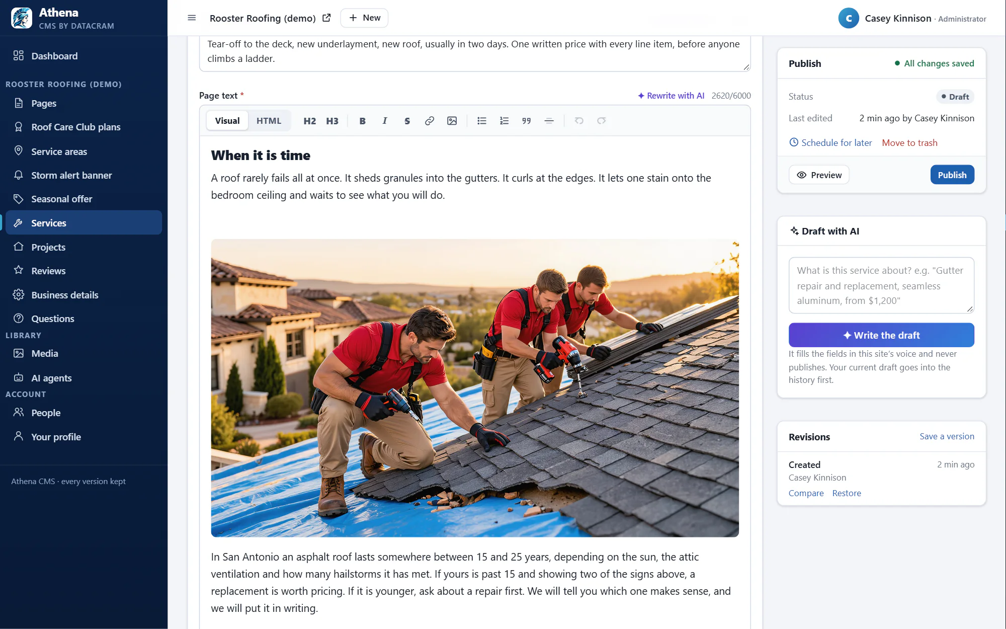 The Athena CMS editor: plain fields with AI rewrite, a Publish box and revisions