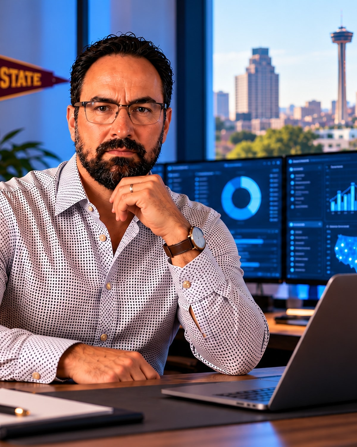 Casey Kinnison, founder and lead developer of DataCram, at his desk in San Antonio with an Arizona State pennant on the wall, analytics dashboards on the monitors and the Tower of the Americas outside the window