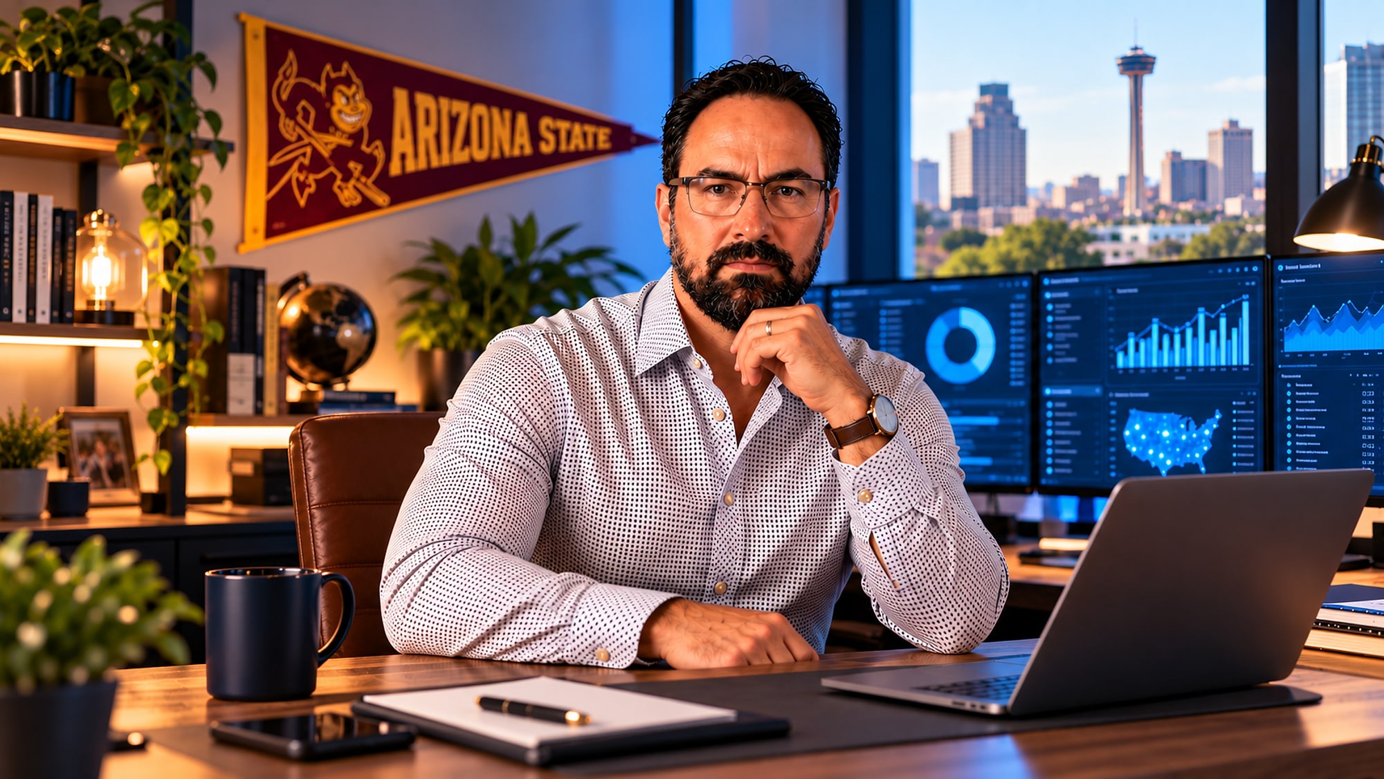 Casey Kinnison, founder and lead developer of DataCram, at his desk in San Antonio with an Arizona State pennant on the wall, analytics dashboards on the monitors and the Tower of the Americas outside the window
