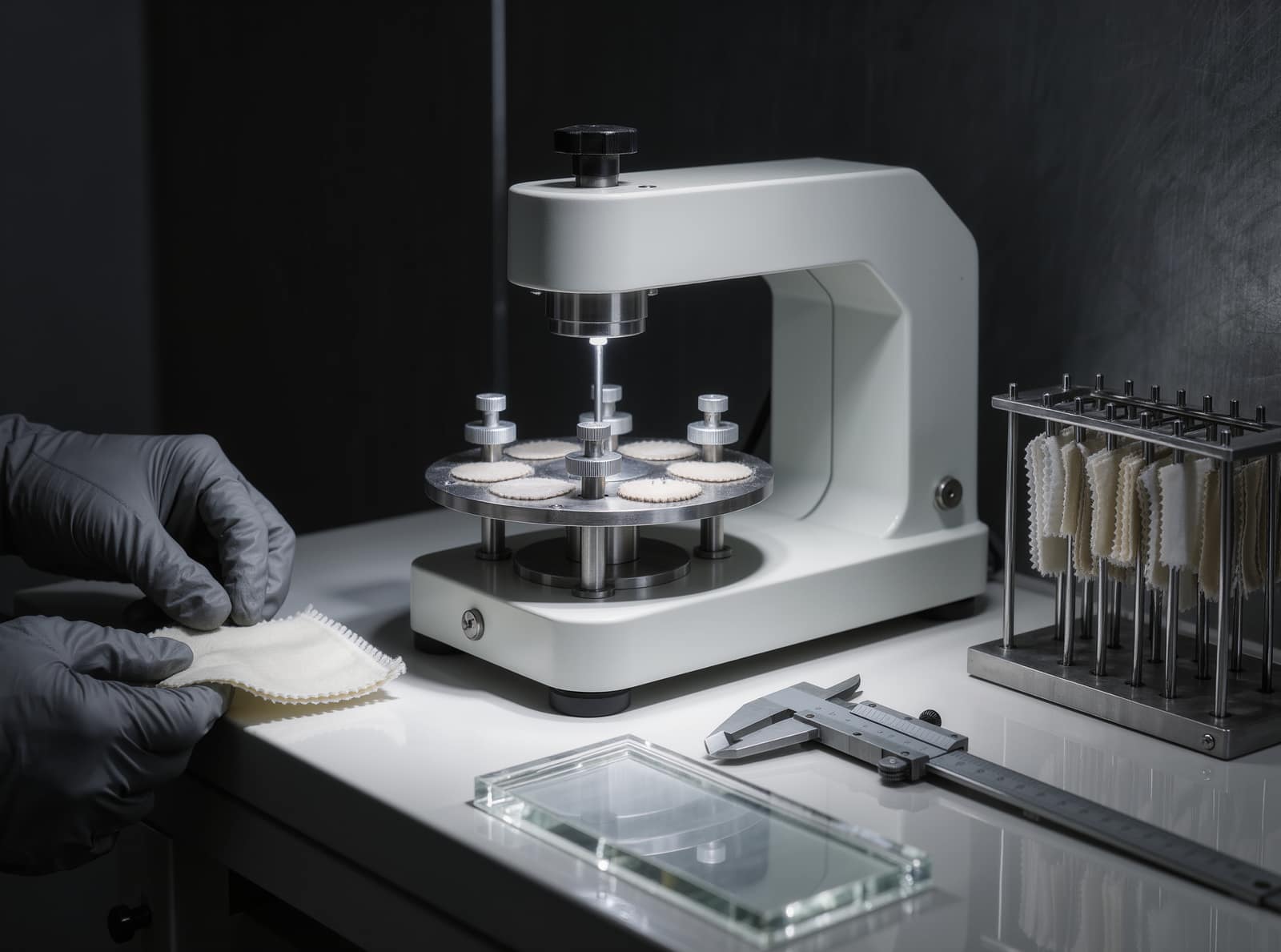 A materials testing laboratory bench with a multi-head abrasion machine, round fabric specimens clamped under weighted heads, and a rack of cut coupons alongside.