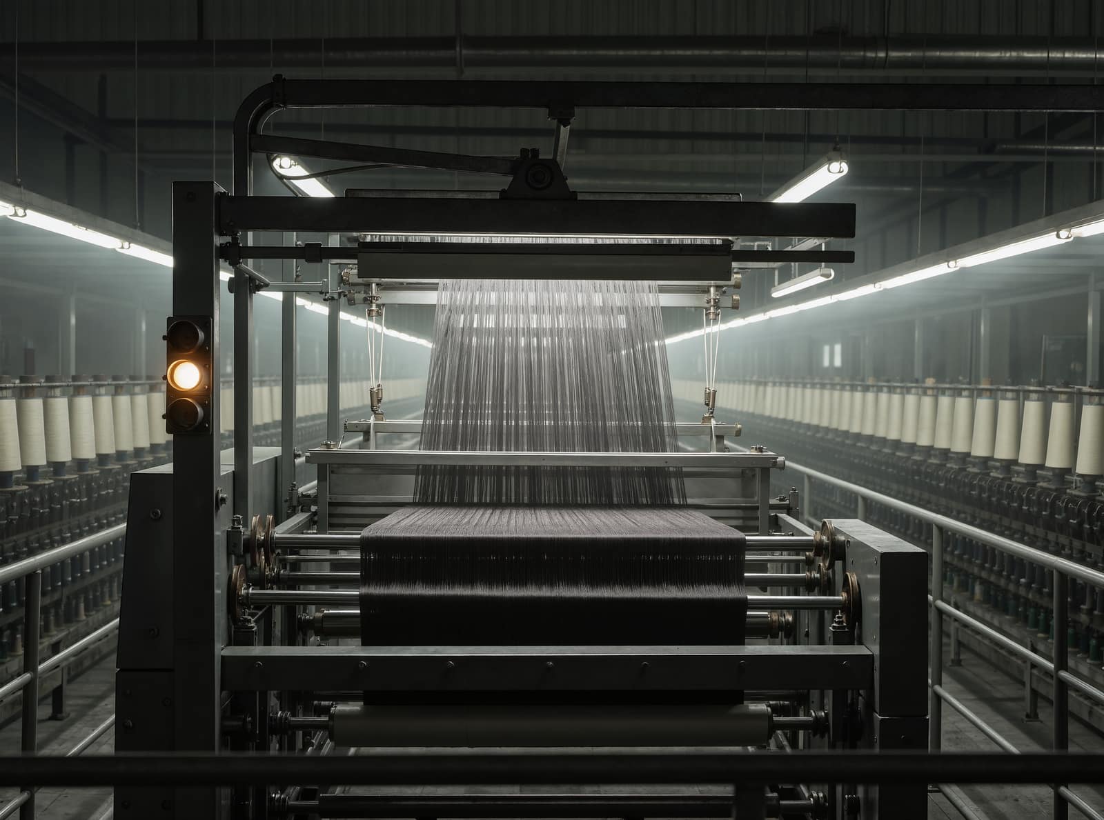 A weaving machine mid-run with hundreds of dark warp threads fanning off a beam under tension, rows of yarn cones on a creel receding down the mill floor.
