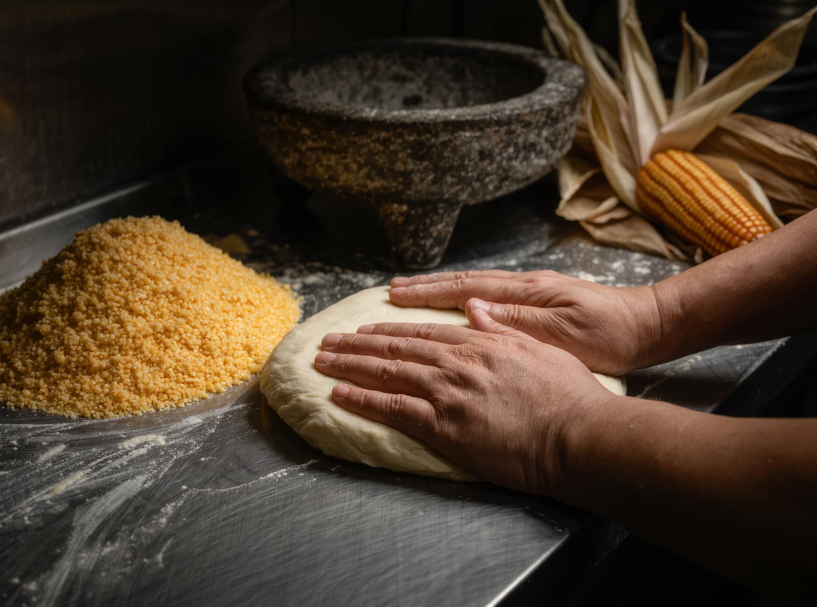 Hands working fresh golden corn masa on a dark steel counter beside a heavy stone metate and dried corn husks, dust hanging in raking light.