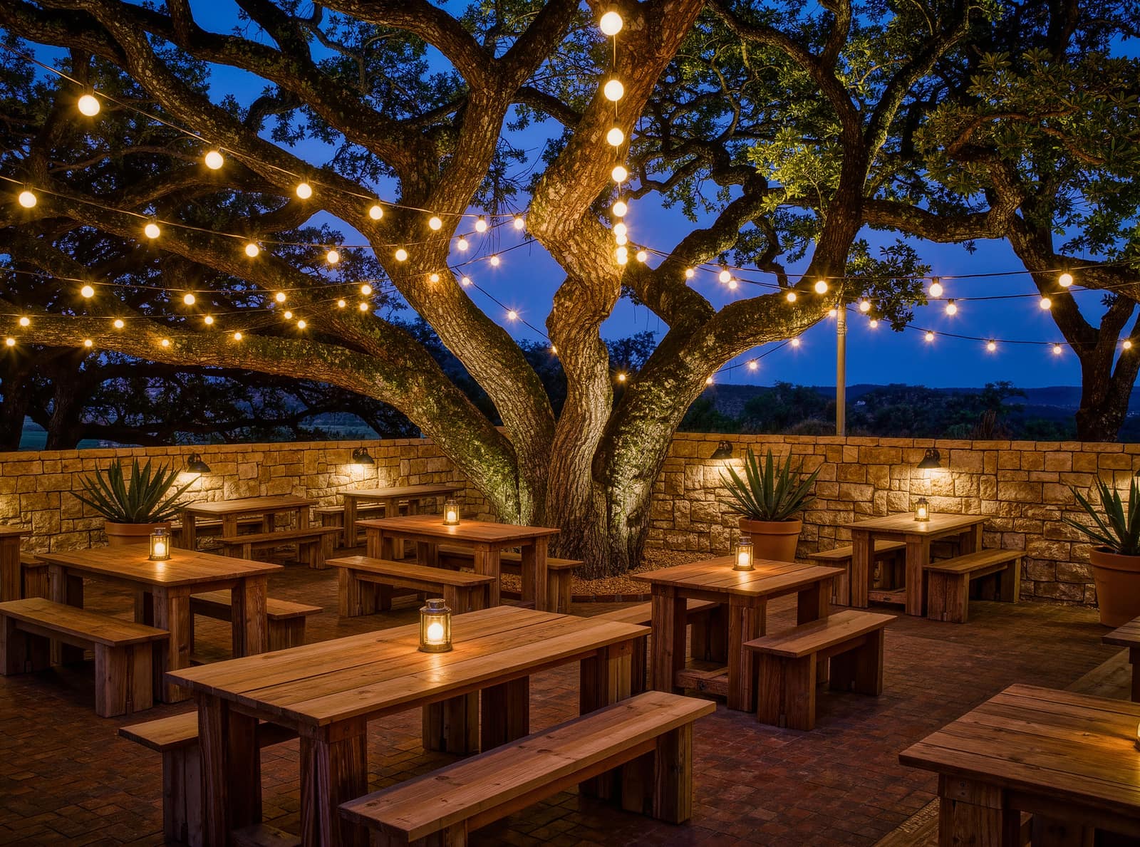 The courtyard patio at dusk: wooden tables under a sprawling mesquite tree, string lights overhead, candle lanterns on the tables and a low limestone wall.