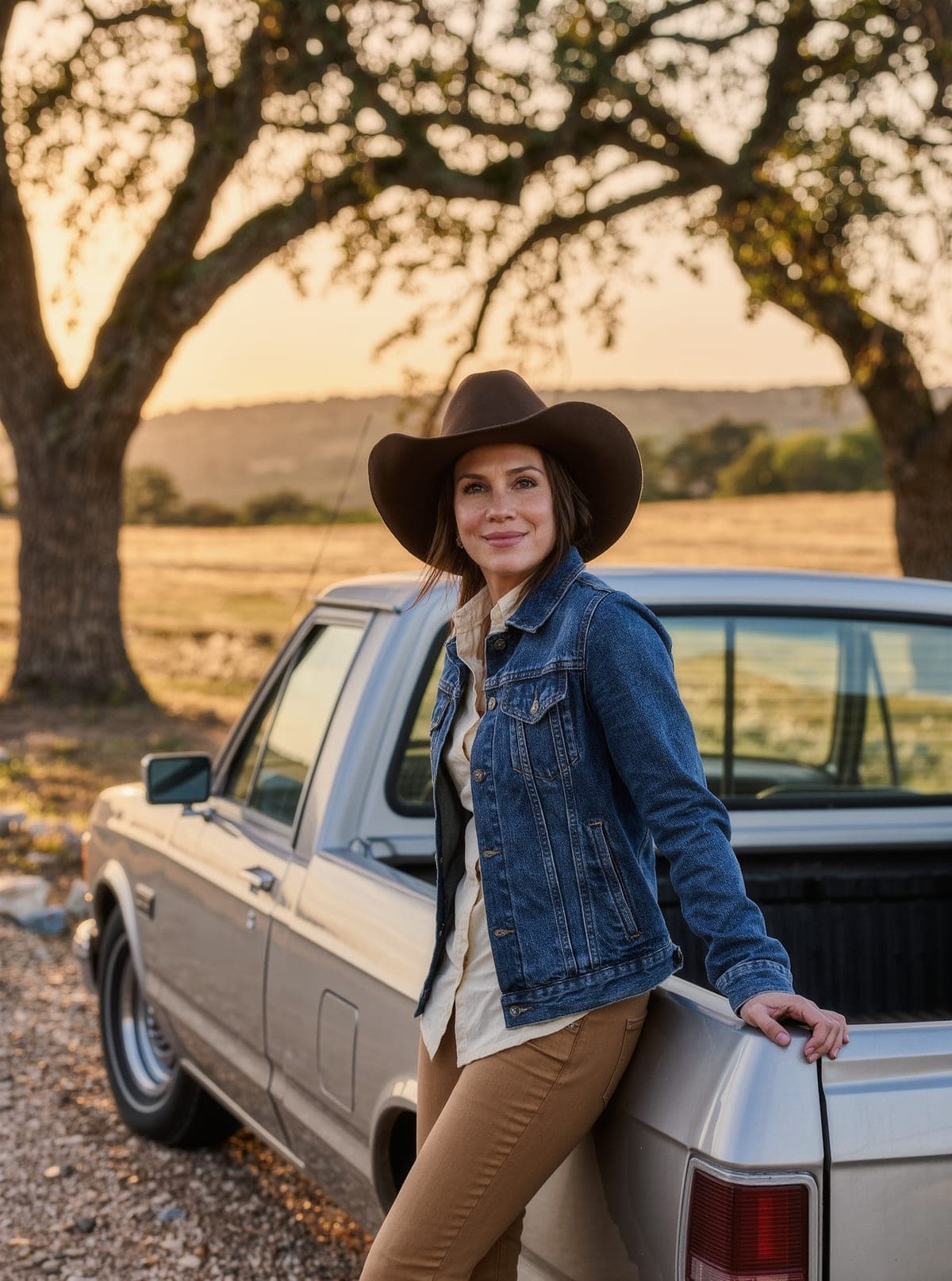 Dana Cram in a denim jacket and wide-brim hat, leaning on the tailgate of a vintage pickup on a Hill Country gravel road at golden hour.