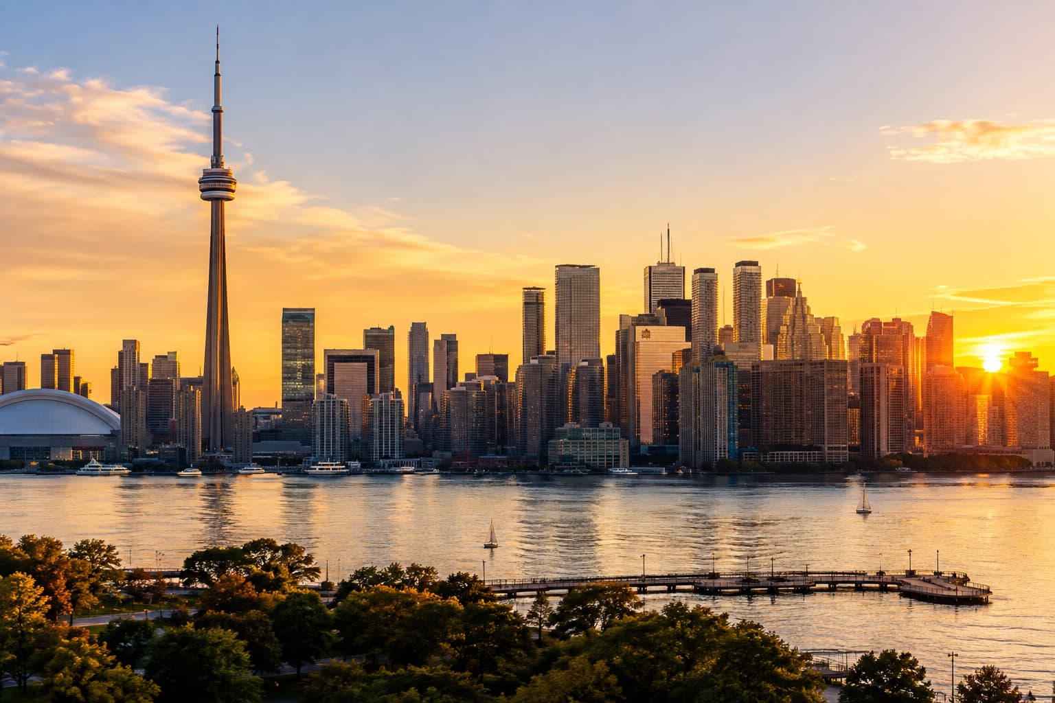 The Toronto skyline at sunset seen across the harbor, with the CN Tower at left and sailboats on the water.