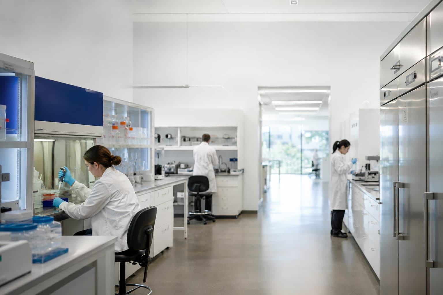 An open-plan research laboratory: a scientist pipetting at a fume hood in the foreground, two more working at benches down the corridor, daylight at the far end.