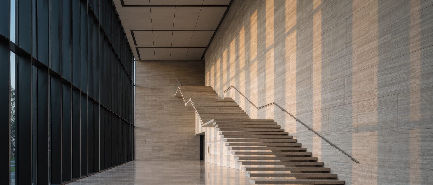 The atrium of a modern law office: pale limestone, full-height glass, and a floating stone staircase in raking afternoon light.