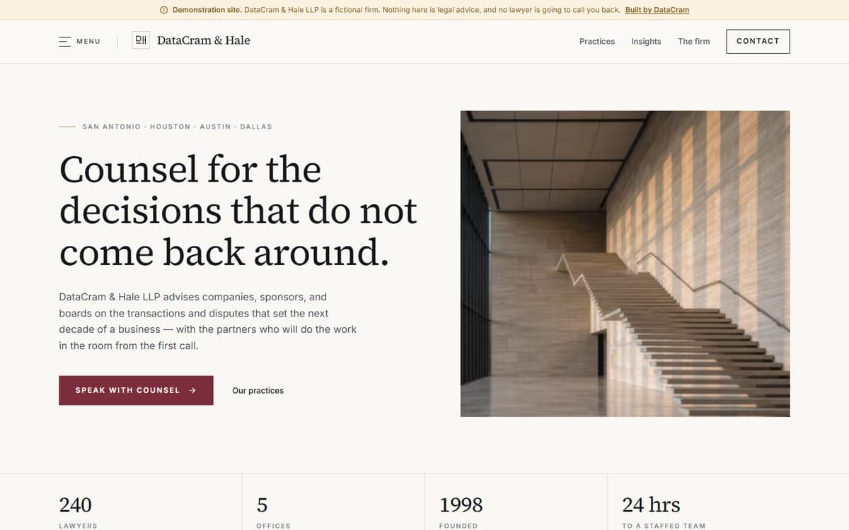 The DataCram & Hale demo site: a disclosure bar, a menu control left of the firm's monogram, and a serif headline beside a photograph of a limestone office atrium.