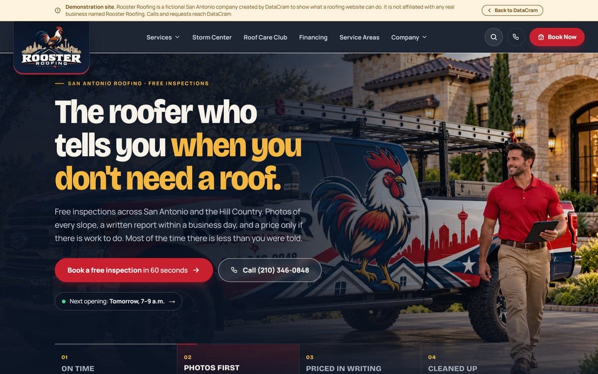 The Rooster Roofing demo site: a disclosure bar, a storm-season banner, a navy header with the rooster logo and a Book Now button, and the headline 'The roofer who tells you when you don't need a roof' beside a technician walking past the wrapped company truck.
