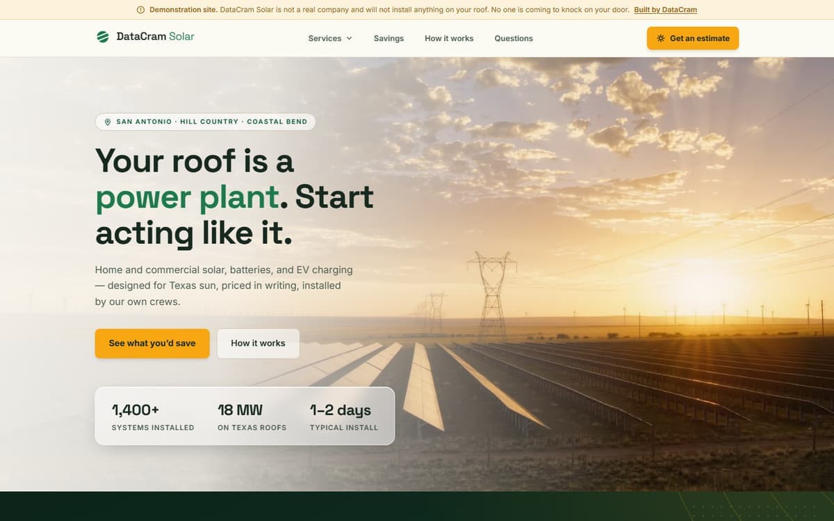 The DataCram Solar demo site: a disclosure bar, a company nav, and a headline over a photograph of a Texas solar array at sunrise with transmission lines across the horizon.