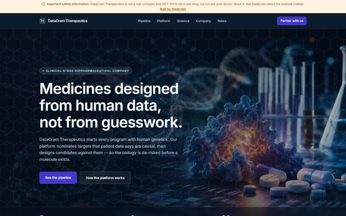 The DataCram Therapeutics demo site: a disclosure bar reading 'Important safety information', a dark company nav, and a hero headline set over a full-bleed image of a DNA helix, a protein structure, and laboratory glassware.