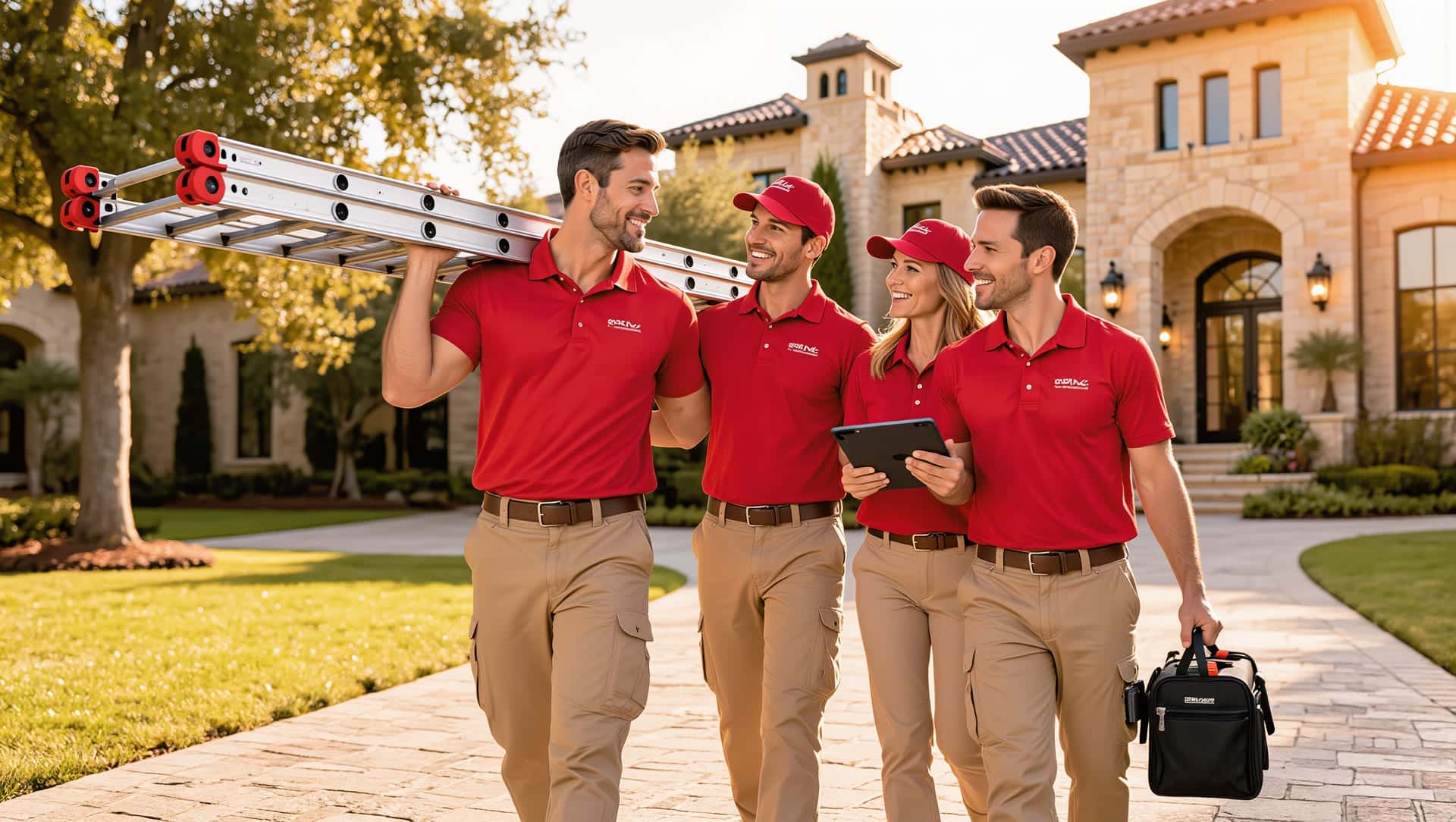 Four Rooster Roofing crew members in red polos walking up a driveway carrying a ladder, a tablet and a tool bag