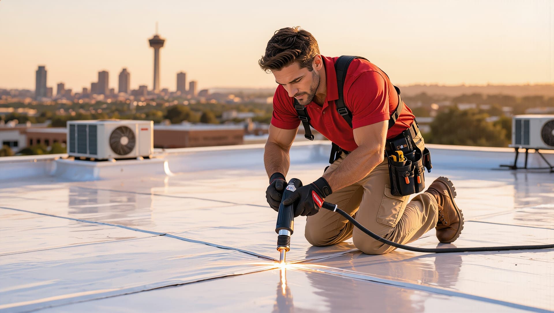 A technician hot-air welding a seam on a white TPO roof, the downtown San Antonio skyline and Tower of the Americas behind