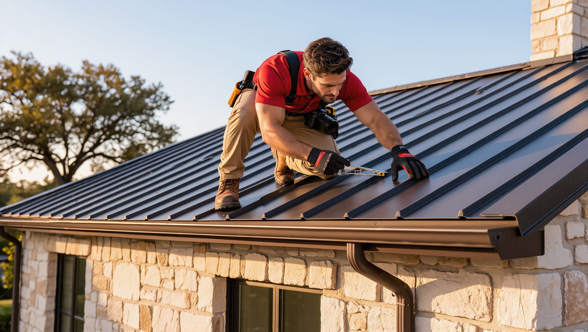 A technician on a charcoal standing-seam metal roof above a limestone wall