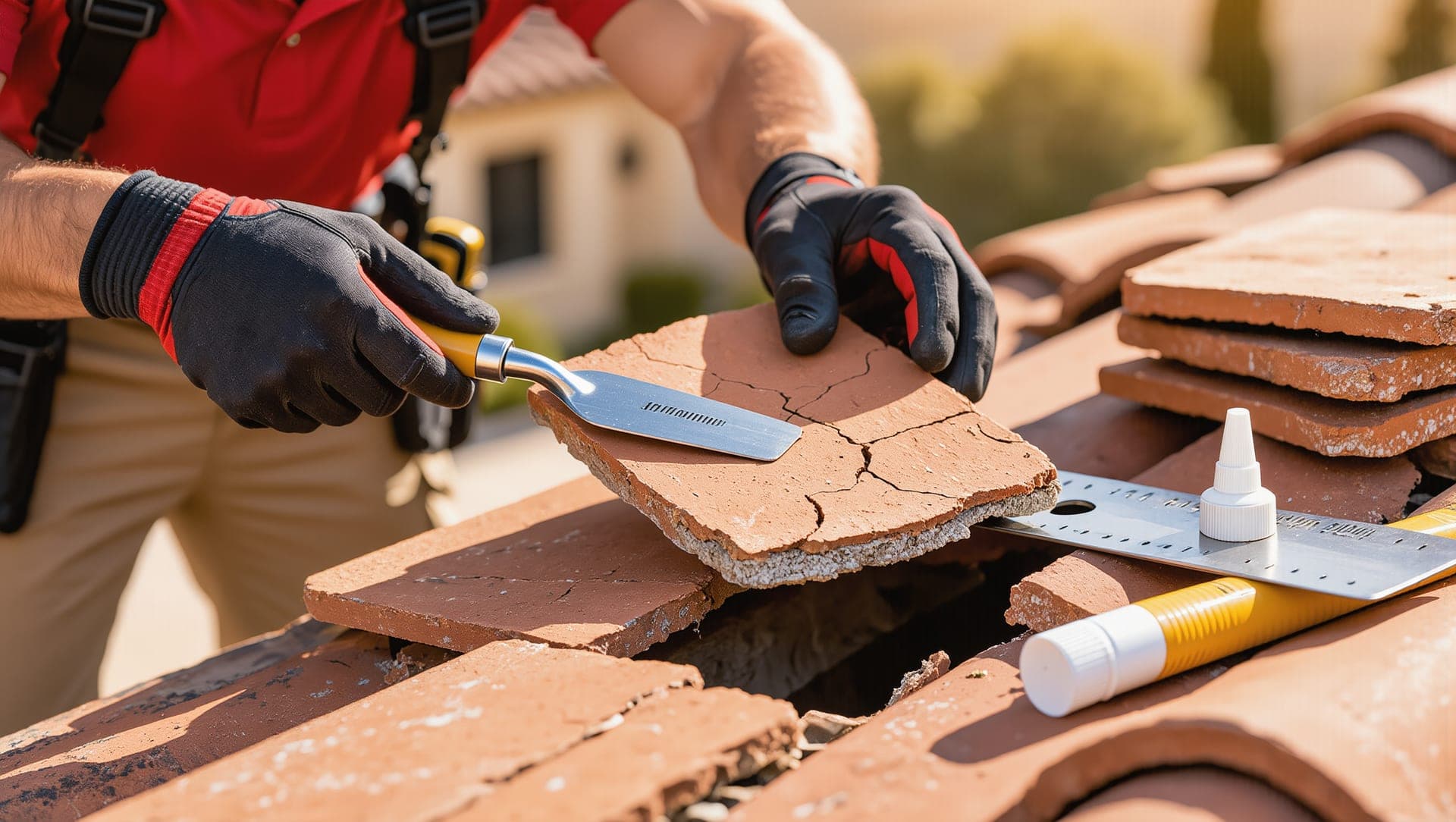 Gloved hands lifting a cracked clay roof tile beside a tube of sealant and a ruler
