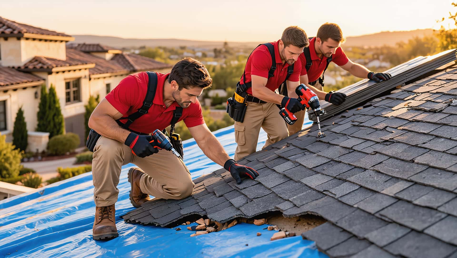 A three-person Rooster Roofing crew installing charcoal architectural shingles, with tarps protecting the yard below