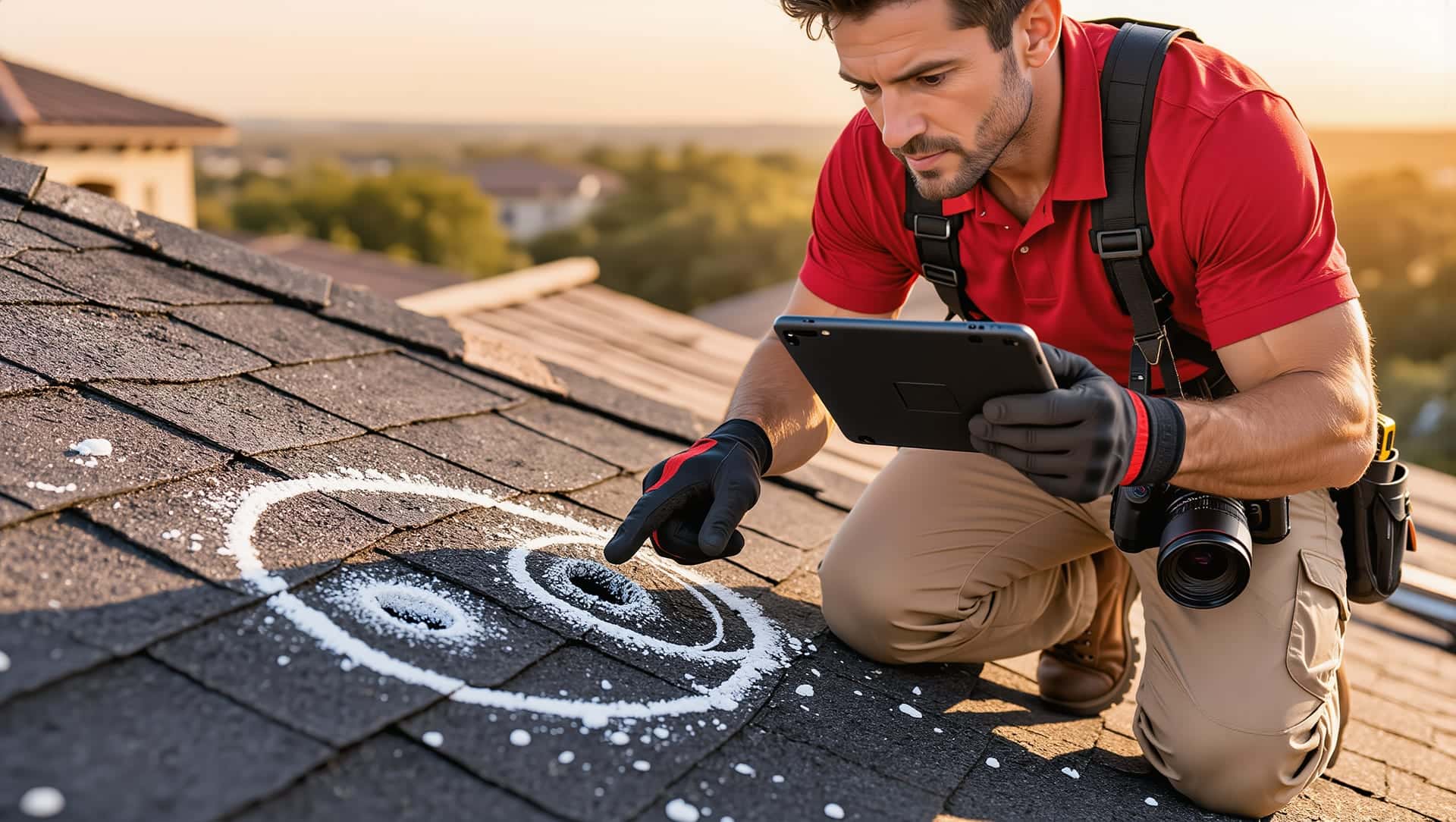 A technician pointing at hail strikes circled in chalk on asphalt shingles, holding a tablet to photograph them