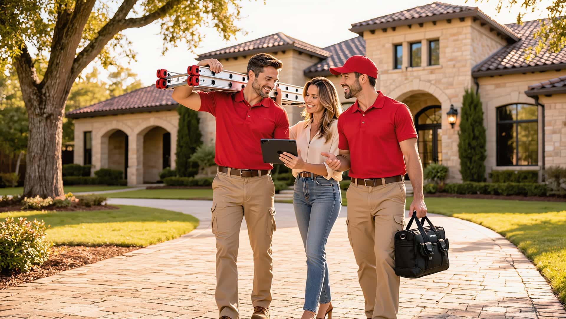 Two Rooster Roofing technicians walking a smiling homeowner up the driveway of her stone home, ladder and tool bag in hand