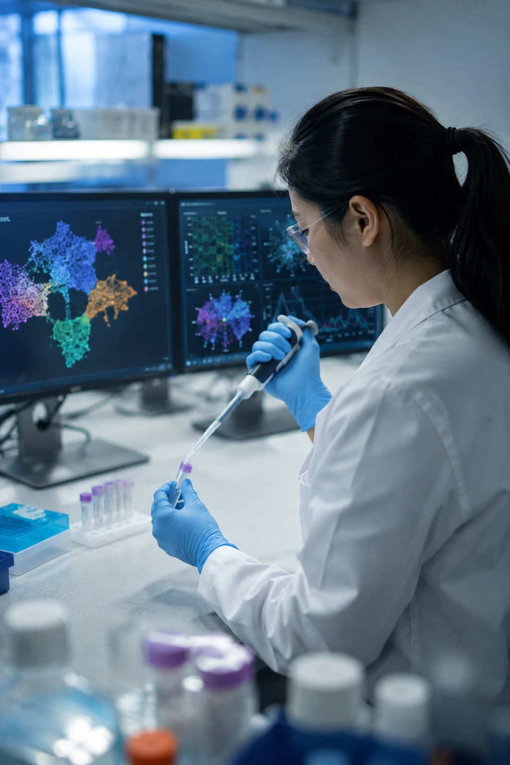 A researcher in safety glasses, lab coat, and gloves transfers a sample into a tube, with molecular network and structure plots displayed on the monitors behind her.