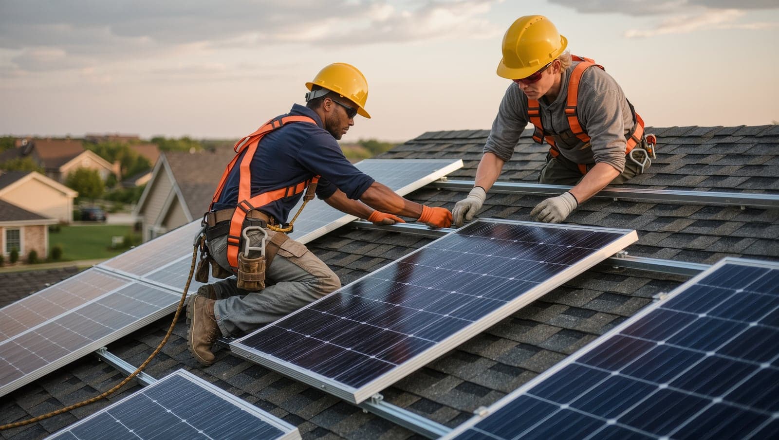 Two installers in hard hats and clipped safety harnesses seat a solar panel onto mounting rails on a shingle roof, houses soft in the background.