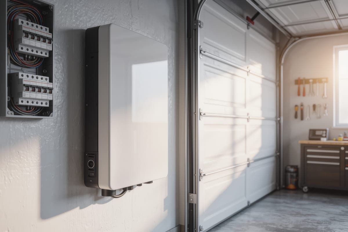 A wall-mounted home battery unit installed in a tidy garage beside the electrical panel.