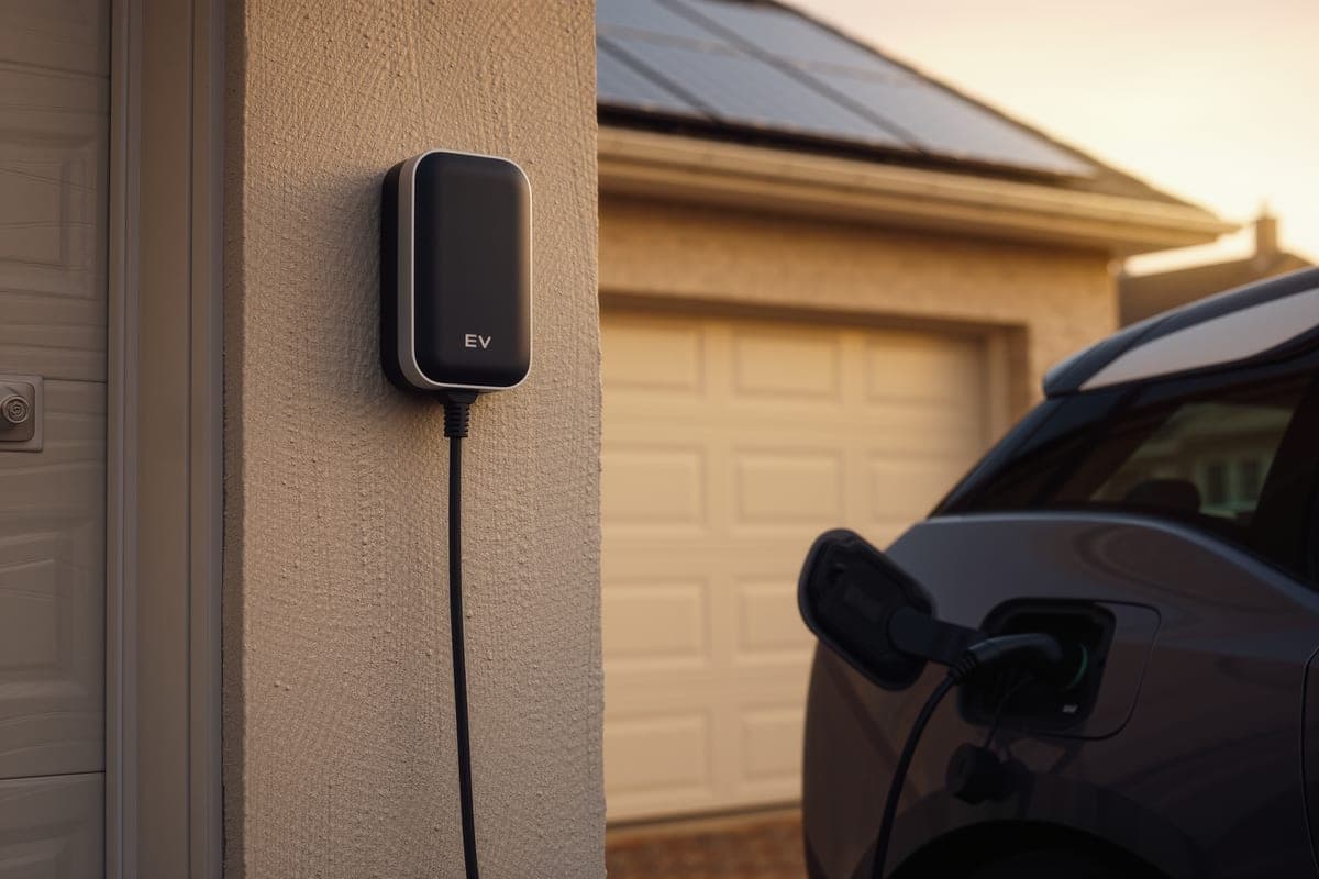 A wall-mounted EV charger with its cable plugged into a car at the edge of frame, panels visible on the roof above.
