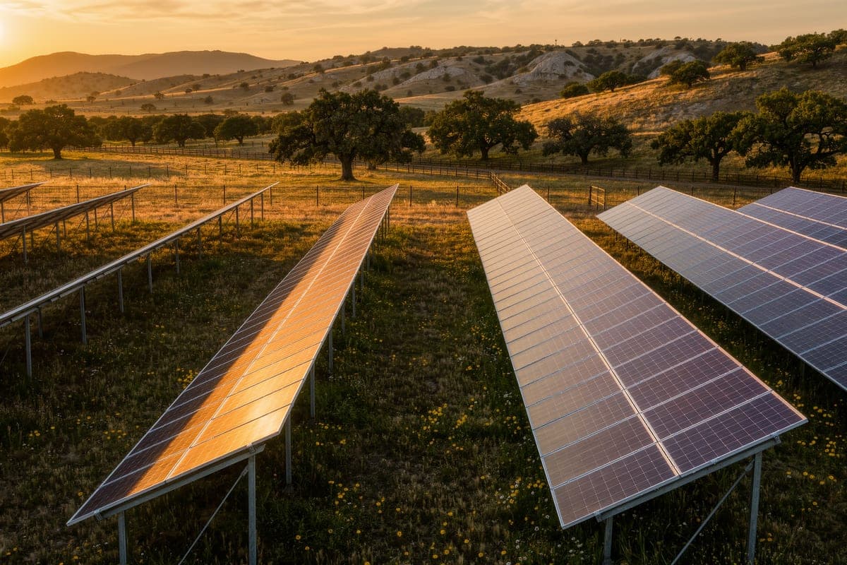 A ground-mounted solar array in a Hill Country meadow with live oaks and rolling hills behind.