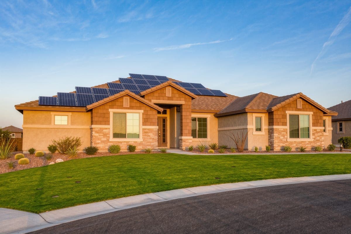 A single-story Texas ranch home with solar panels across its shingle roof in late-afternoon light.