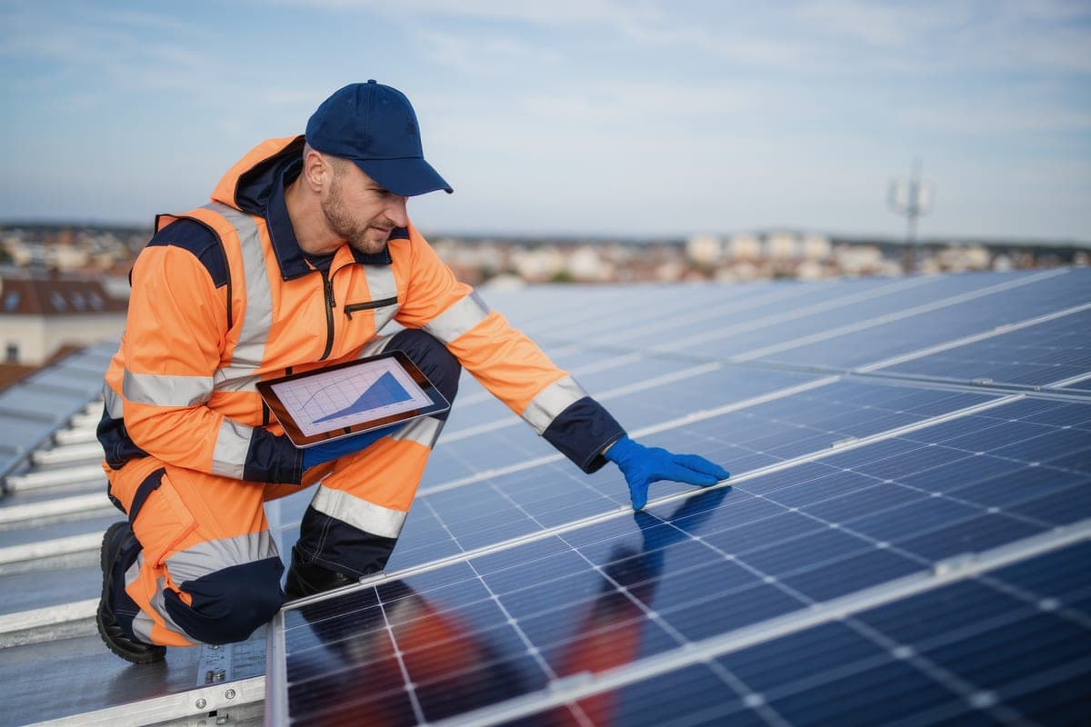 A technician in a hi-vis vest crouched beside a rooftop array, checking production on a tablet.