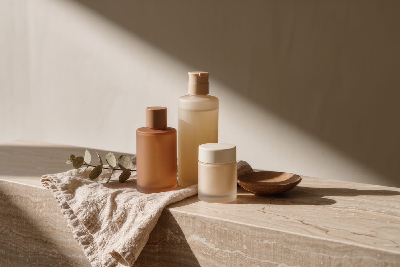 Three unlabeled frosted-glass skincare bottles and folded linen on a travertine ledge in raking light.