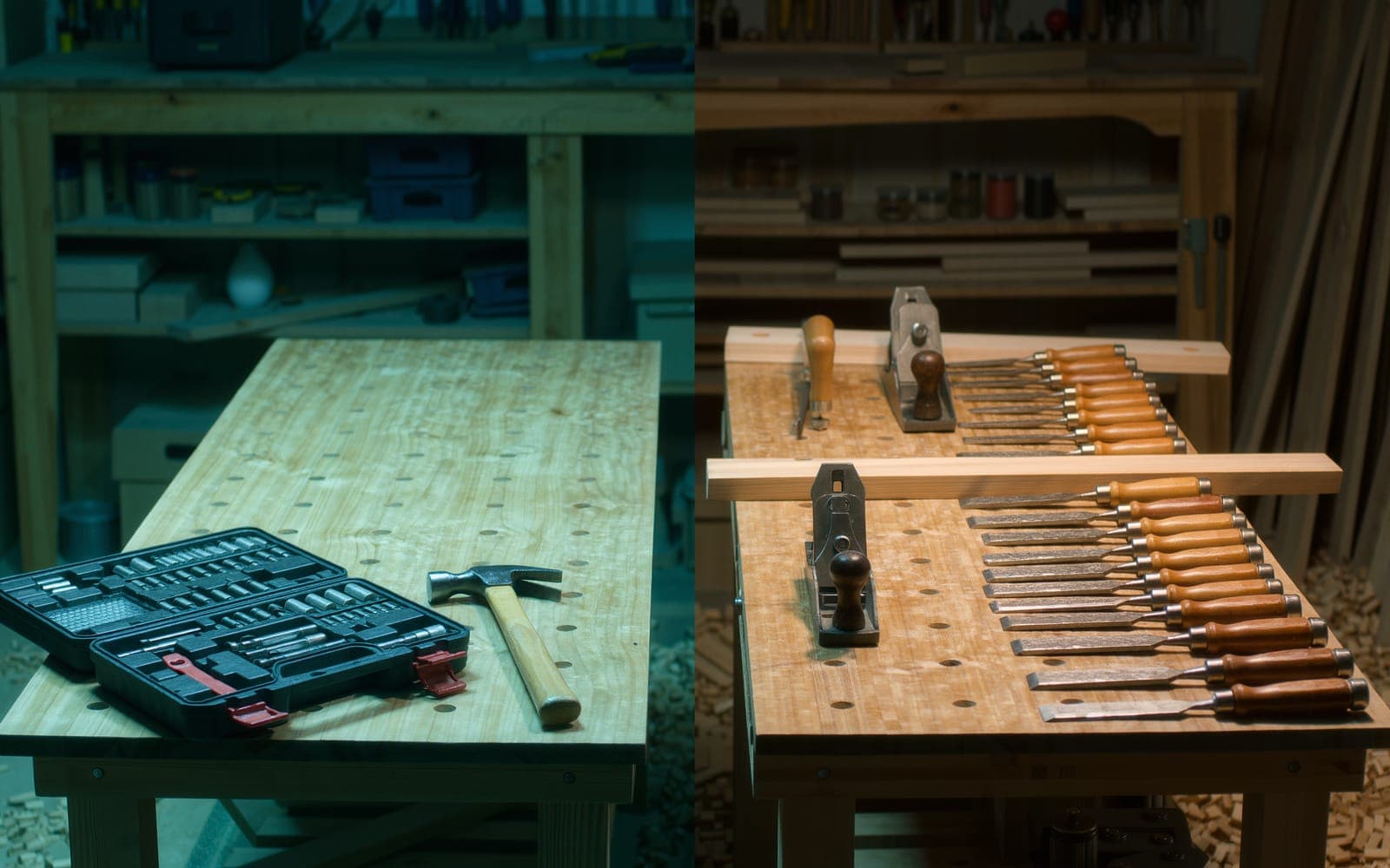 Two workbenches side by side in a bright workshop, one with a small hobby toolkit and one laid out with professional chisels, a hand plane and clamps