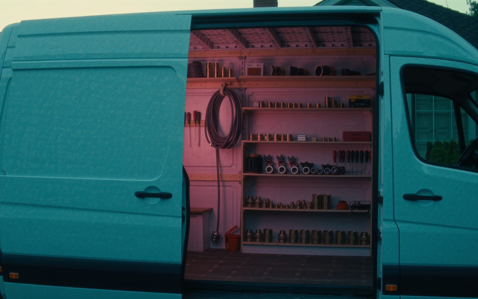 The open rear doors of a plain white work van in a suburban driveway at dawn, tools and coiled hoses neatly organized inside