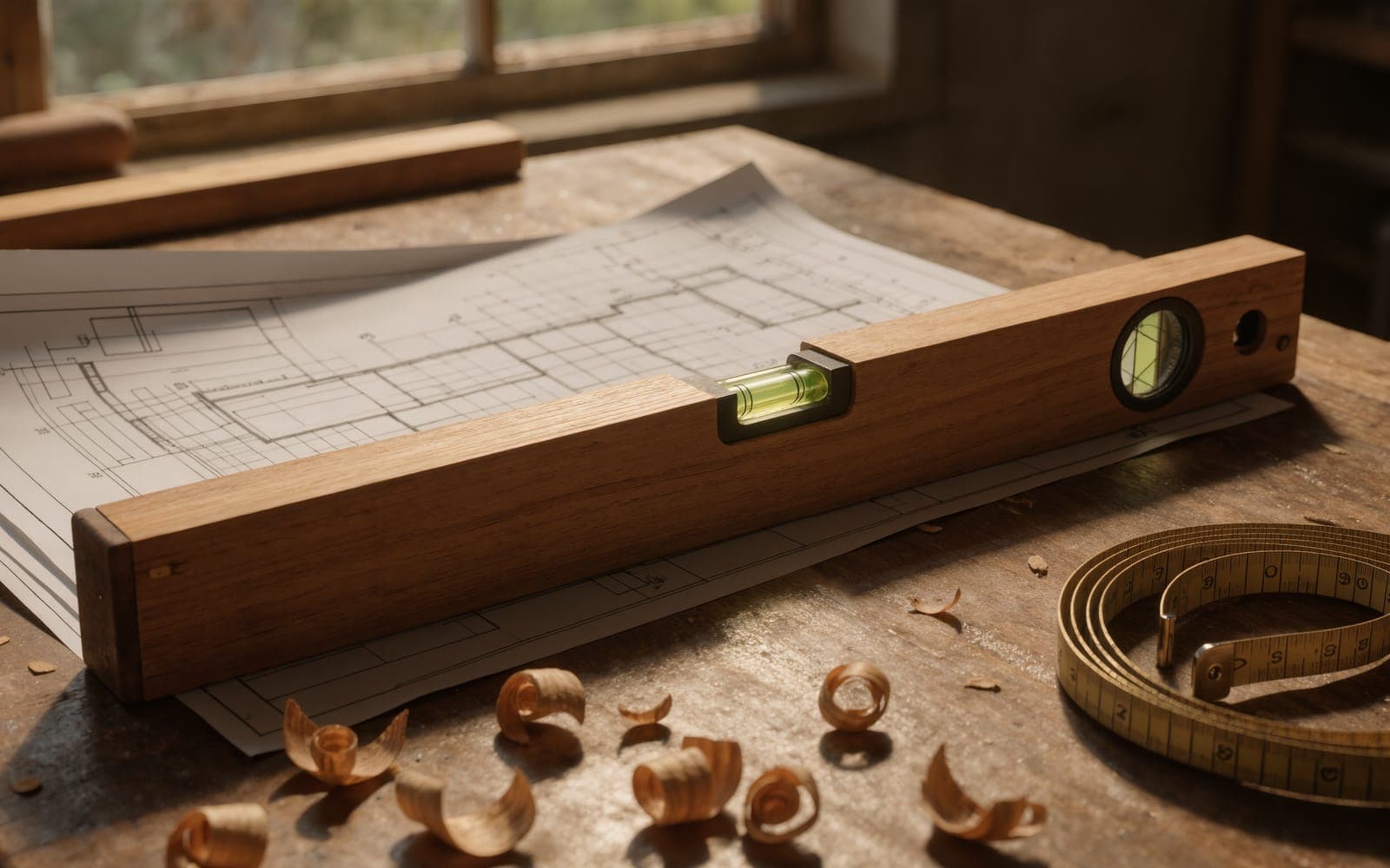 A carpenter's workbench with a level, a folded blueprint and a brass tape measure under warm window light
