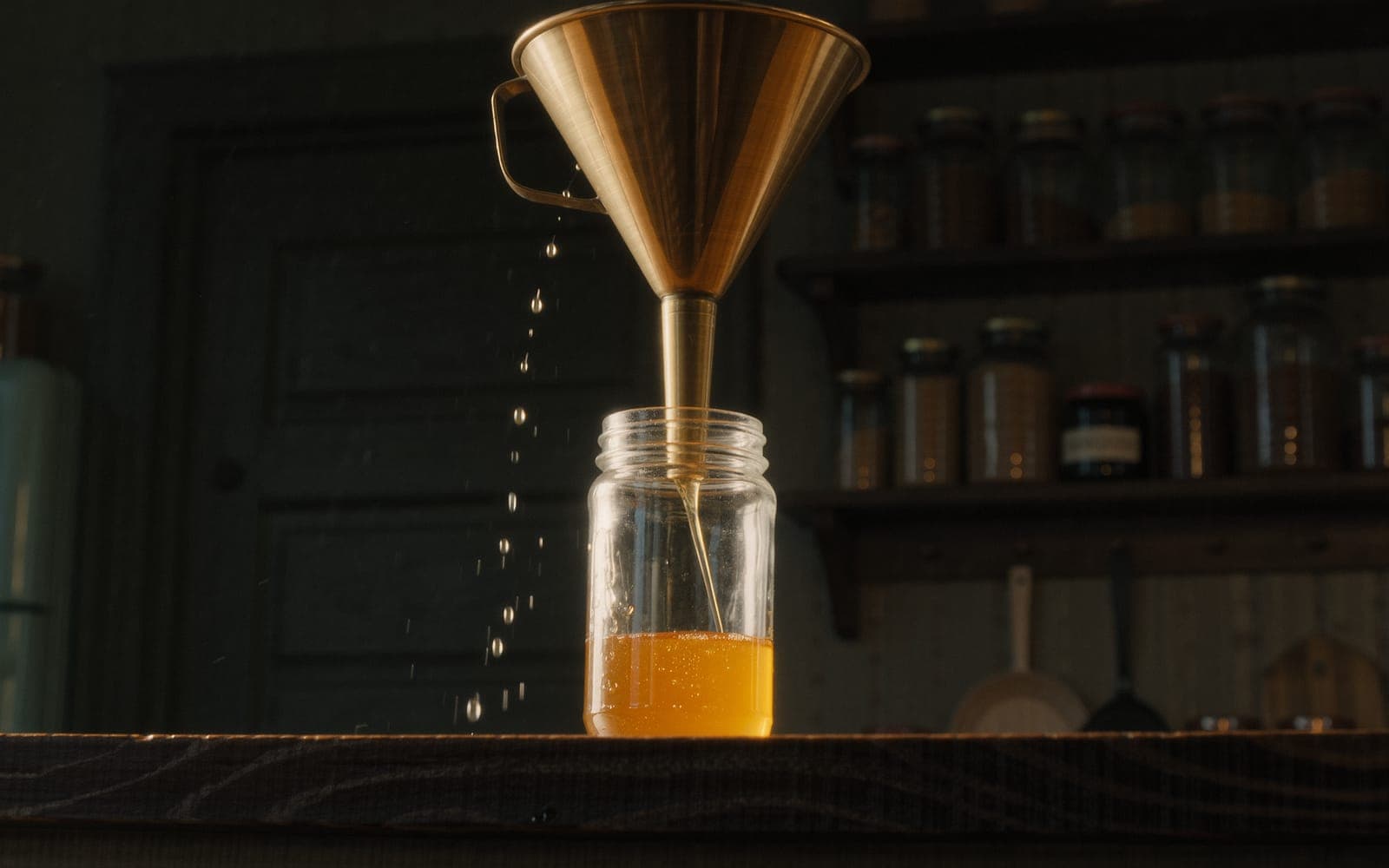 A polished brass funnel on a dark wooden counter pouring golden honey into a clear glass jar in warm side light