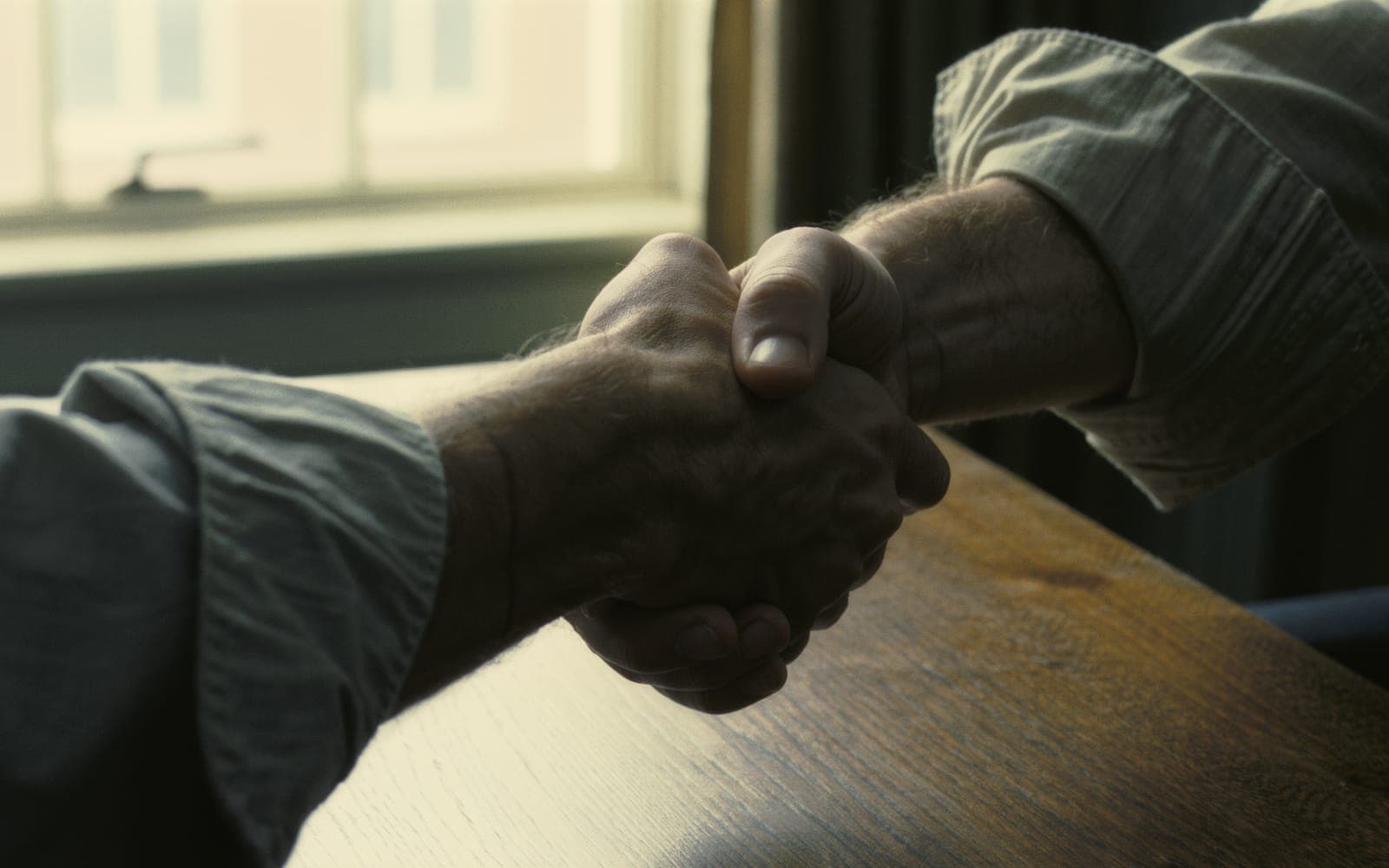 Two hands shaking across a wooden desk with rolled-up sleeves in warm office window light