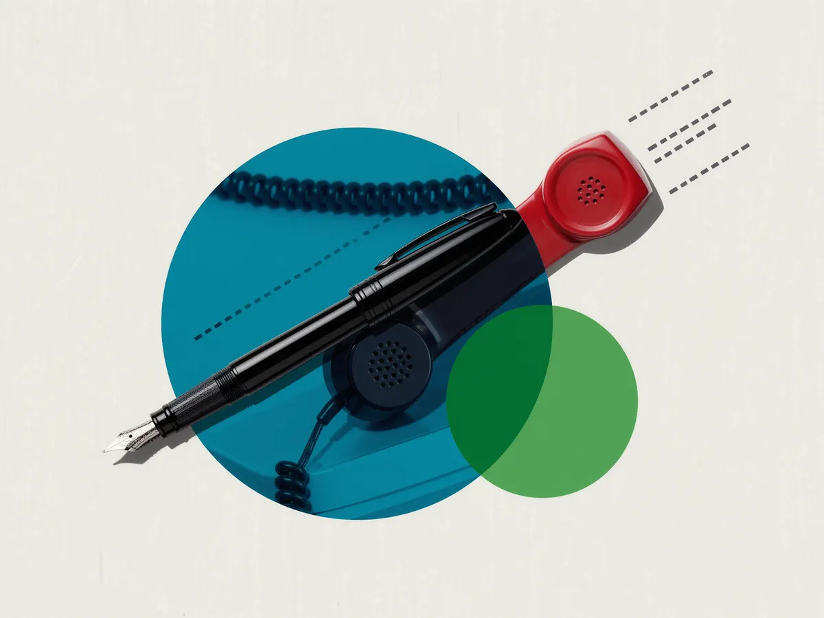 A black fountain pen lying across a red telephone handset over teal and green circles.