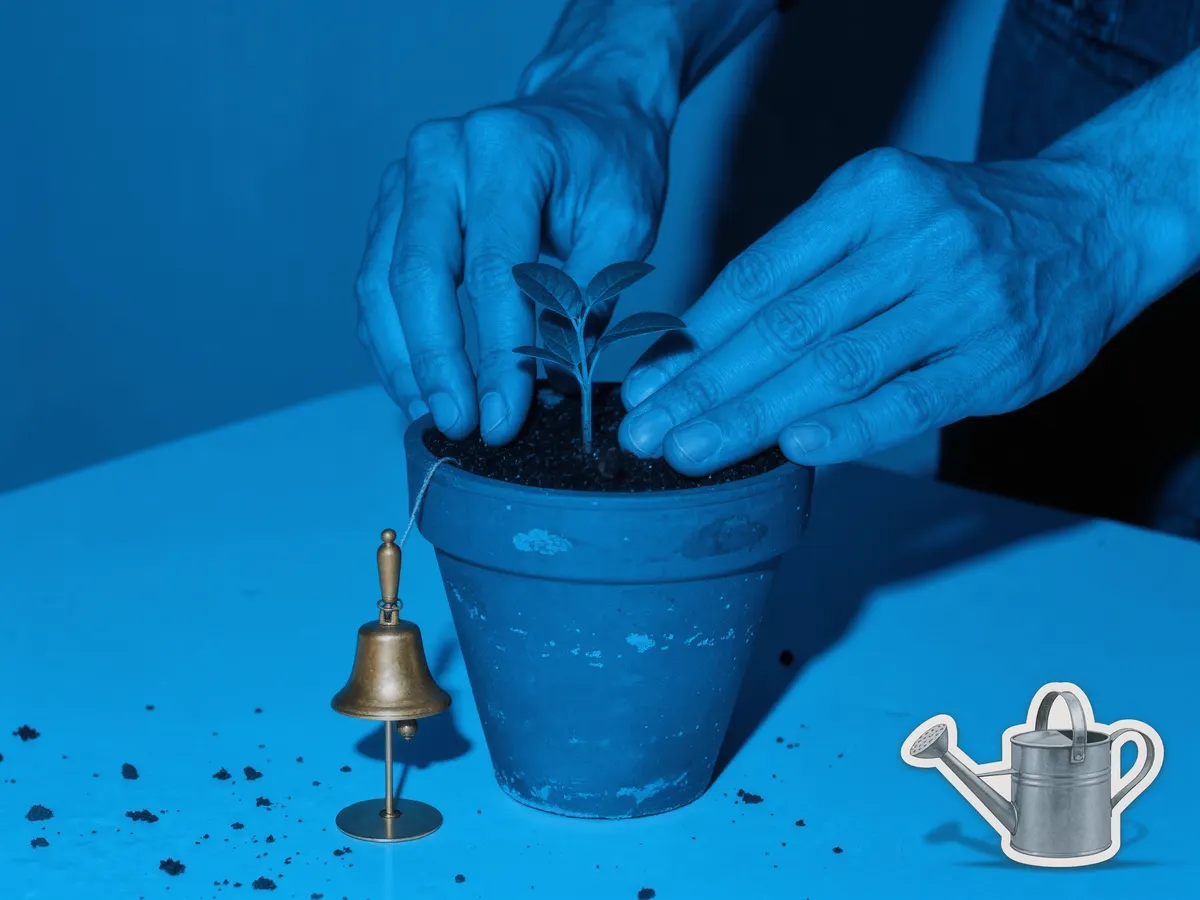 Hands planting a young seedling in a terracotta pot.