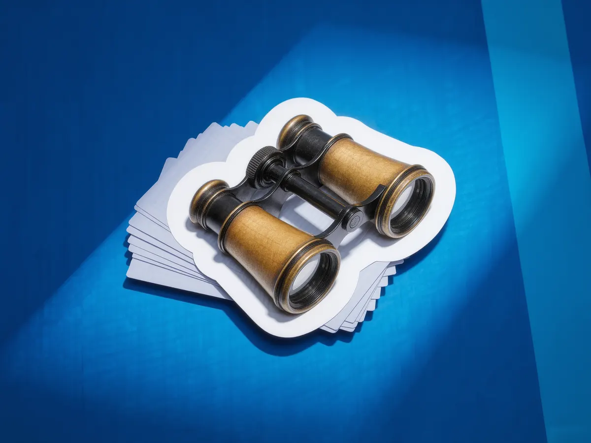 A pair of brass binoculars resting on a stack of blank index cards.