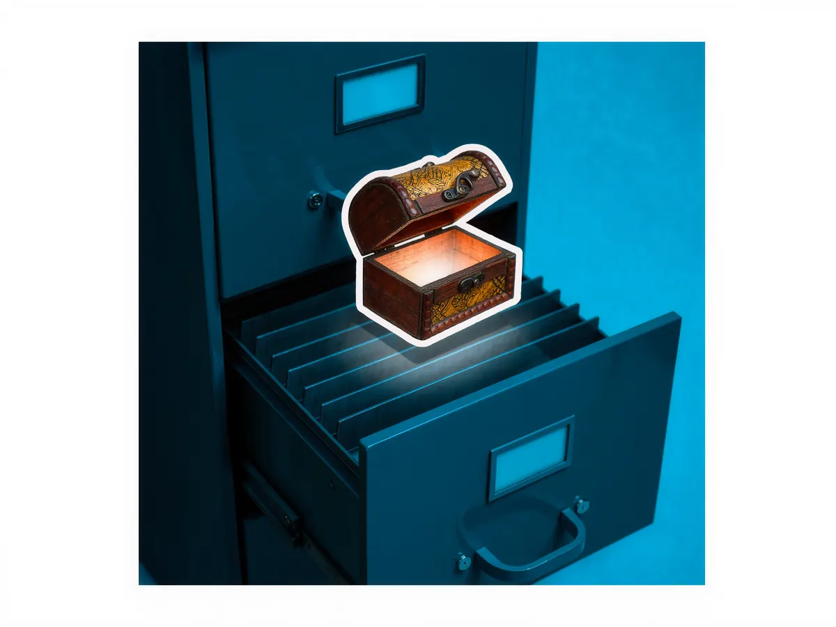 A small glowing treasure chest tucked inside an open filing cabinet drawer.
