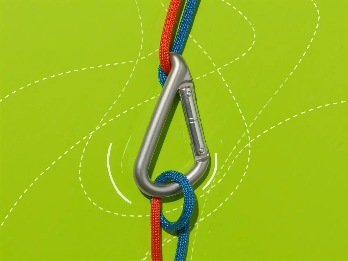 A climbing carabiner clipping two colorful ropes together against a bright green background.