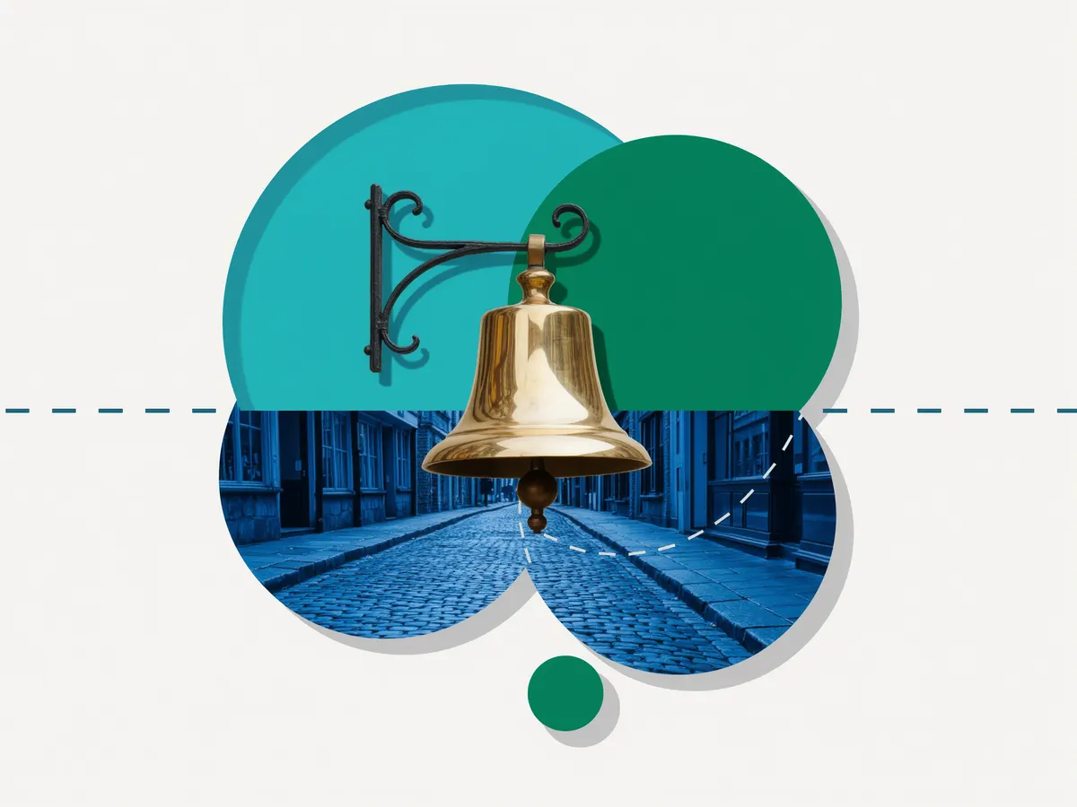 A brass shop door bell over teal and green circles with a cobblestone street photo.