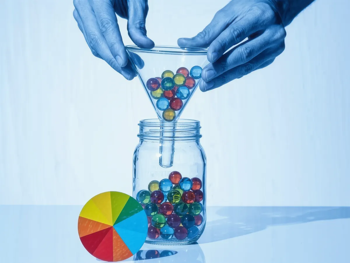 Hands holding a funnel as colorful marbles pour into a glass jar.