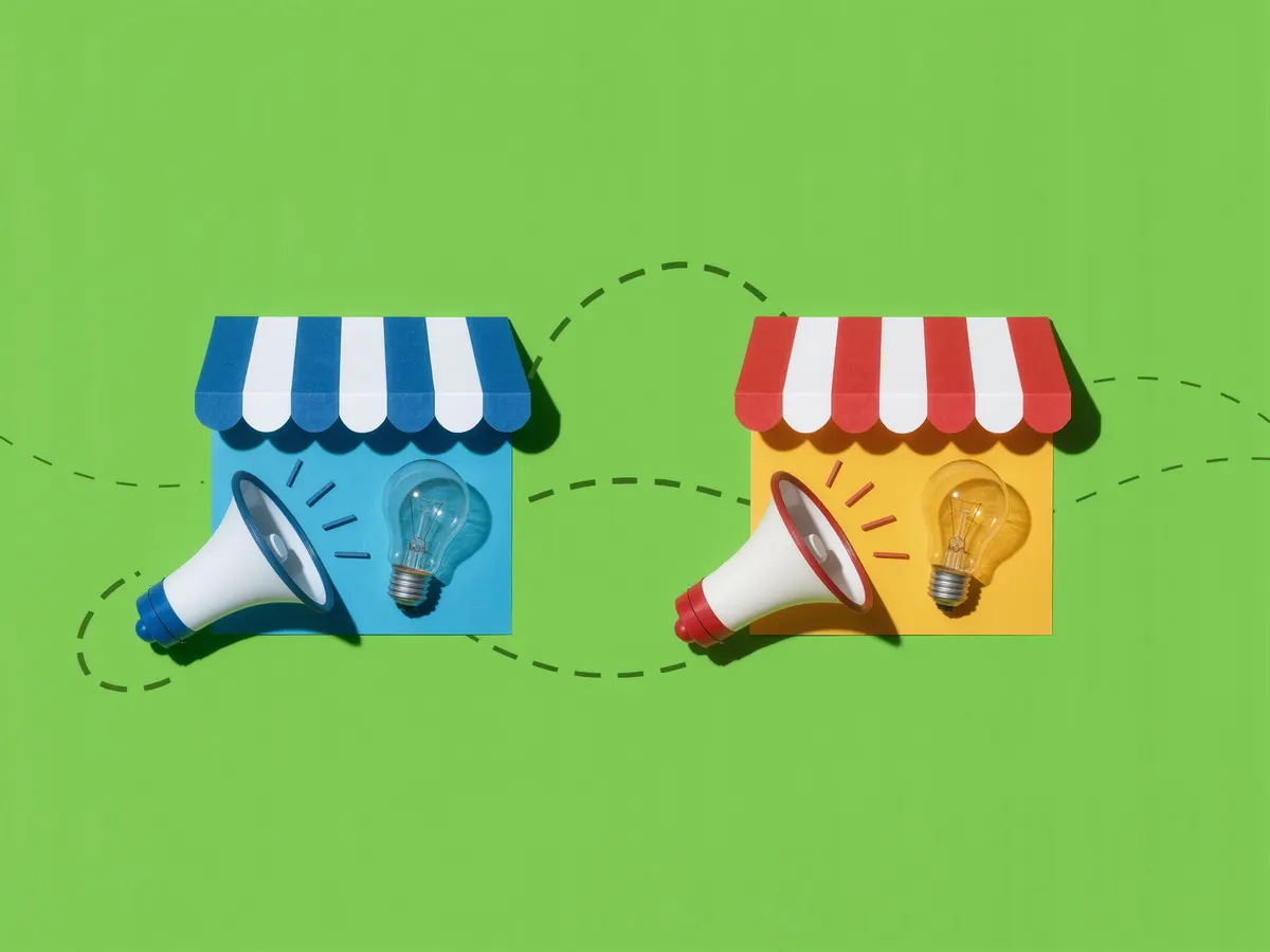 A striped shop awning beside a megaphone and a lightbulb on a bright green background.
