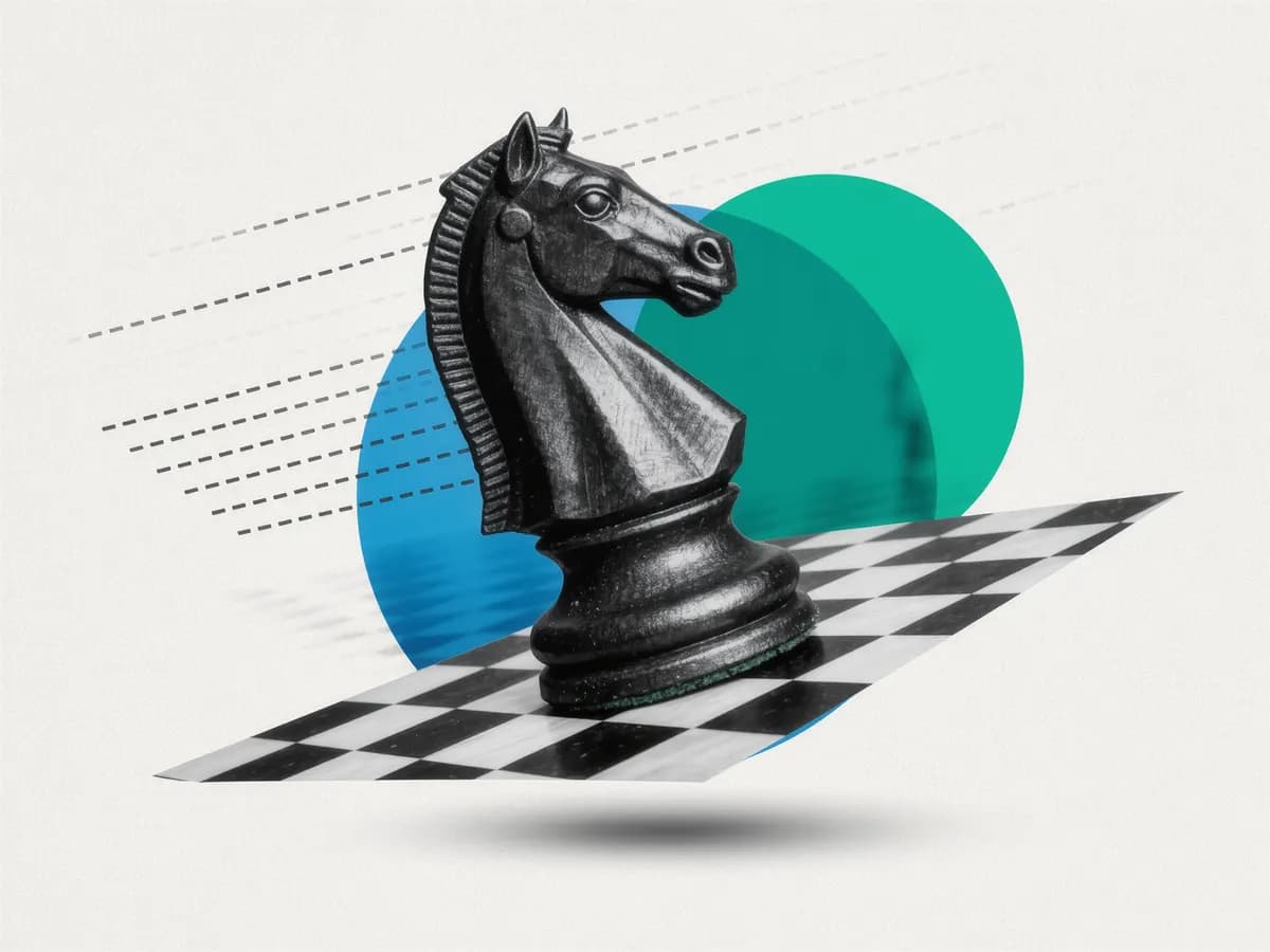A chess knight in mid-move on a chessboard, set over teal and green circles.