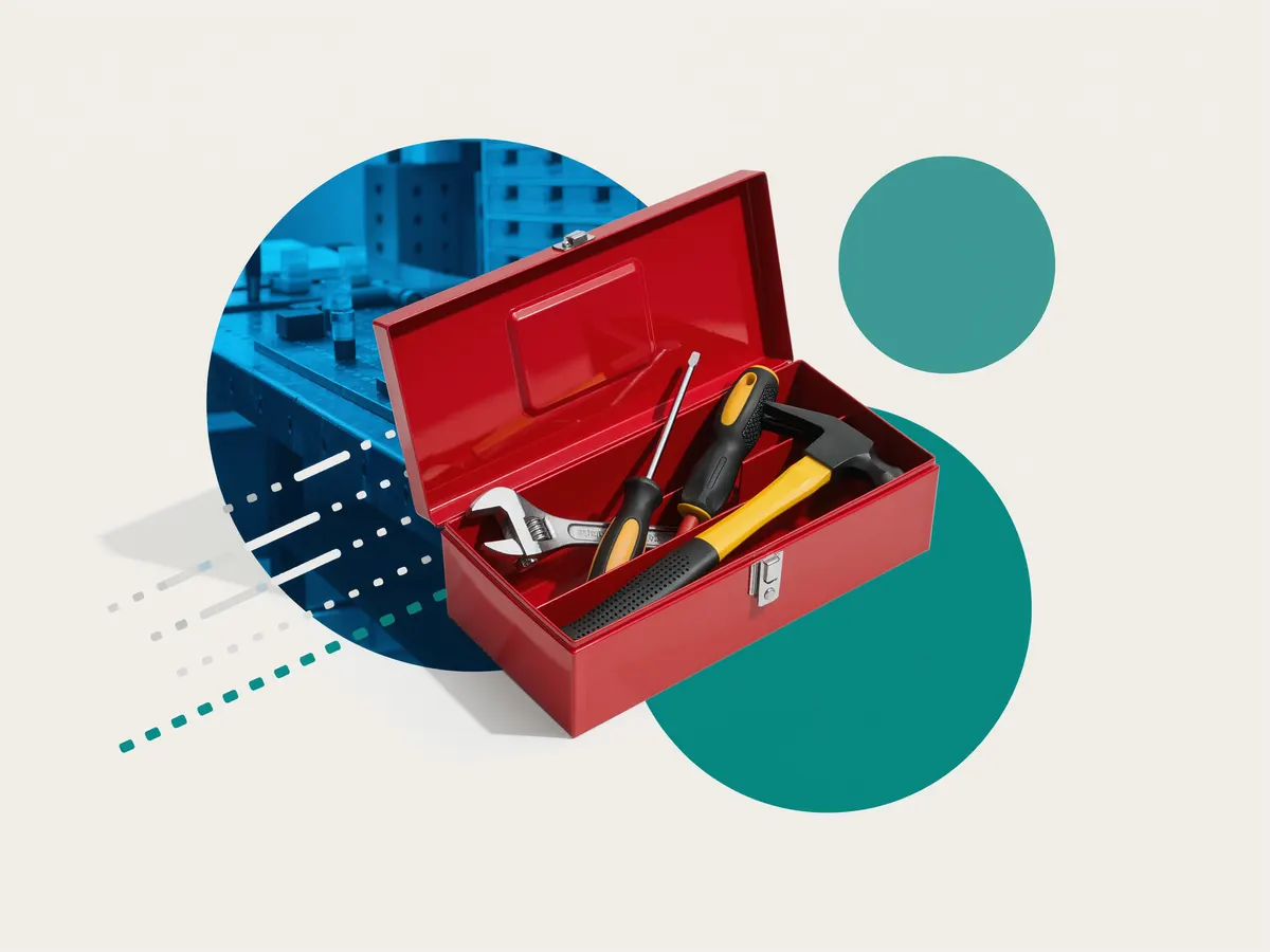 A small red toolbox holding a few hand tools over teal and green circles.