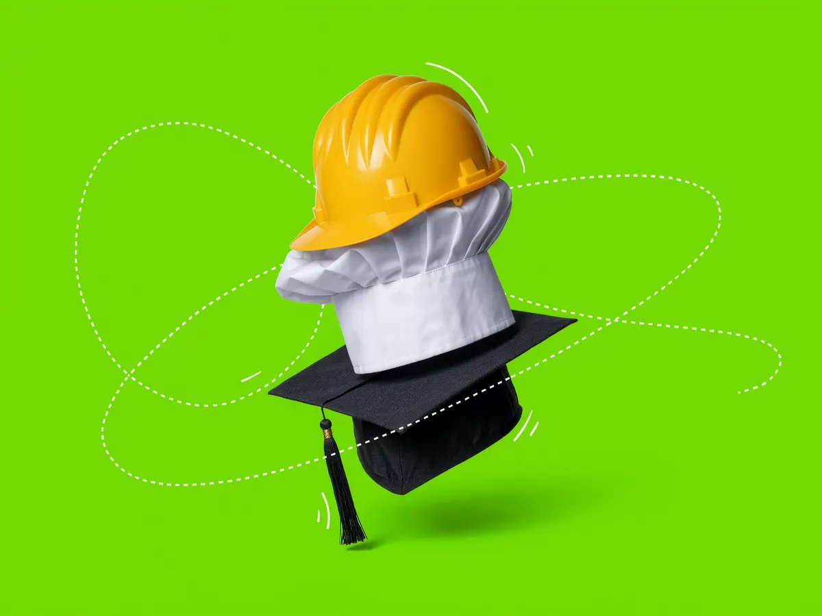 A hard hat, a chef's toque and a graduation cap stacked on a lime green background.