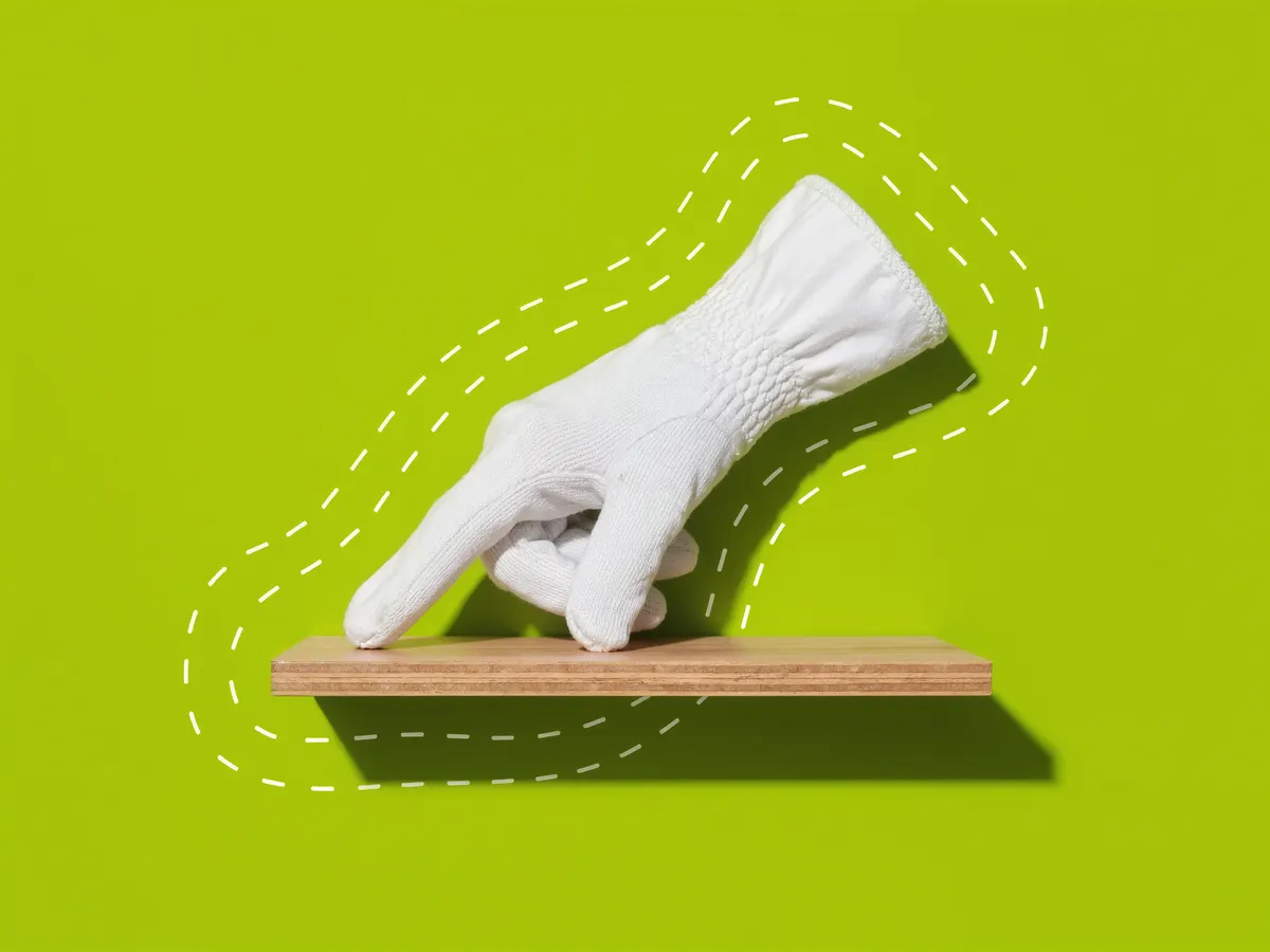 A white cotton glove running a fingertip along a shelf to check for dust.