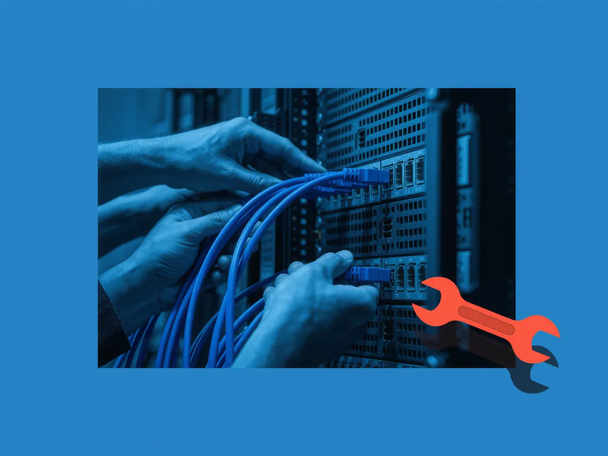 Hands plugging blue cables into a server rack, with a full-color wrench popping out of the photo.