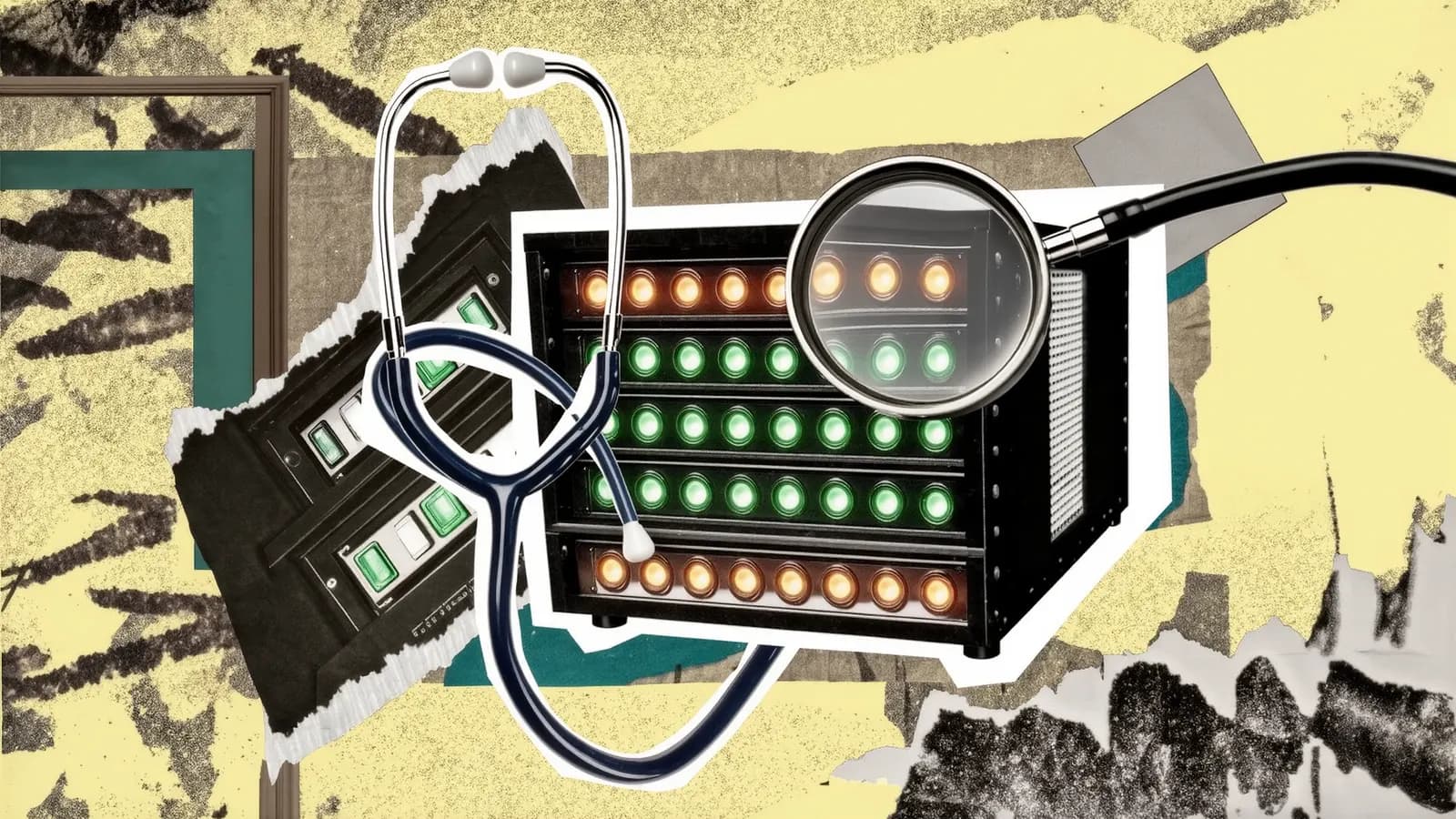 A doctor's stethoscope pressed against a server rack, with a magnifying glass over a row of blinking drive lights, collage on yellow