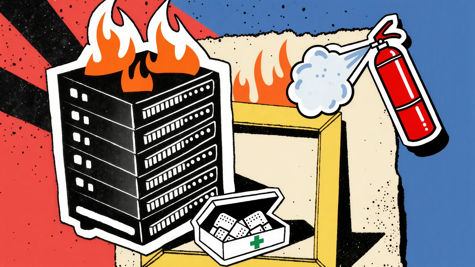 A fire extinguisher spraying foam over a small fire on top of a server rack, with an open first-aid kit beside it, in collage style on red and blue